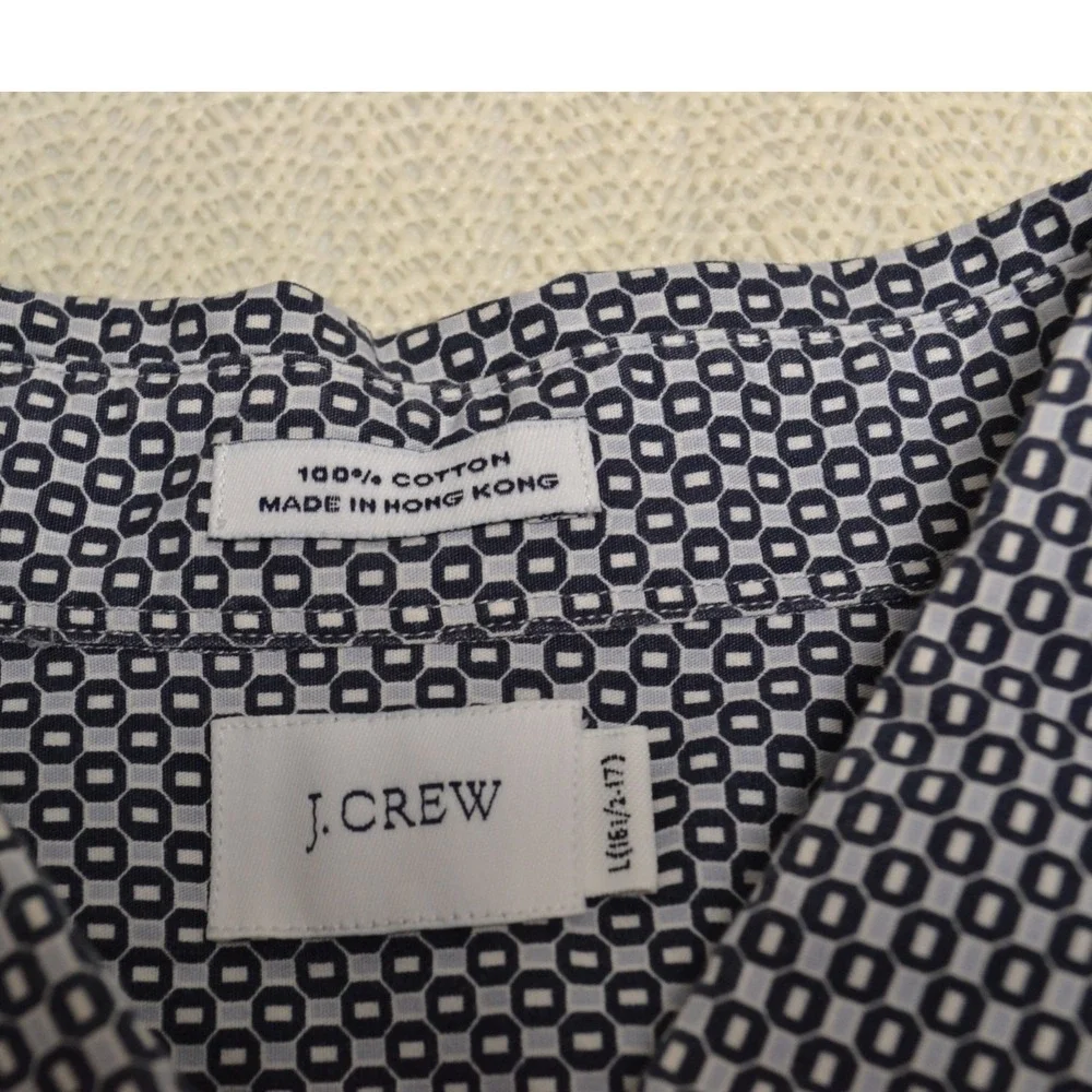J. Crew Button Down Shirt Mens Large L Navy Blue Geometric Cotton‎ Long Sleeve
